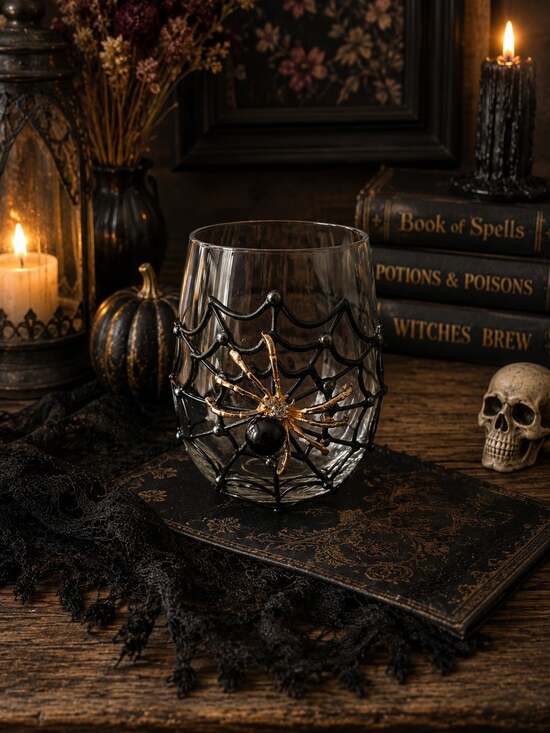 Other - NEW Black Widow Spider Web Rhinestone Skull Halloween Wine Tumbler Drink Glass